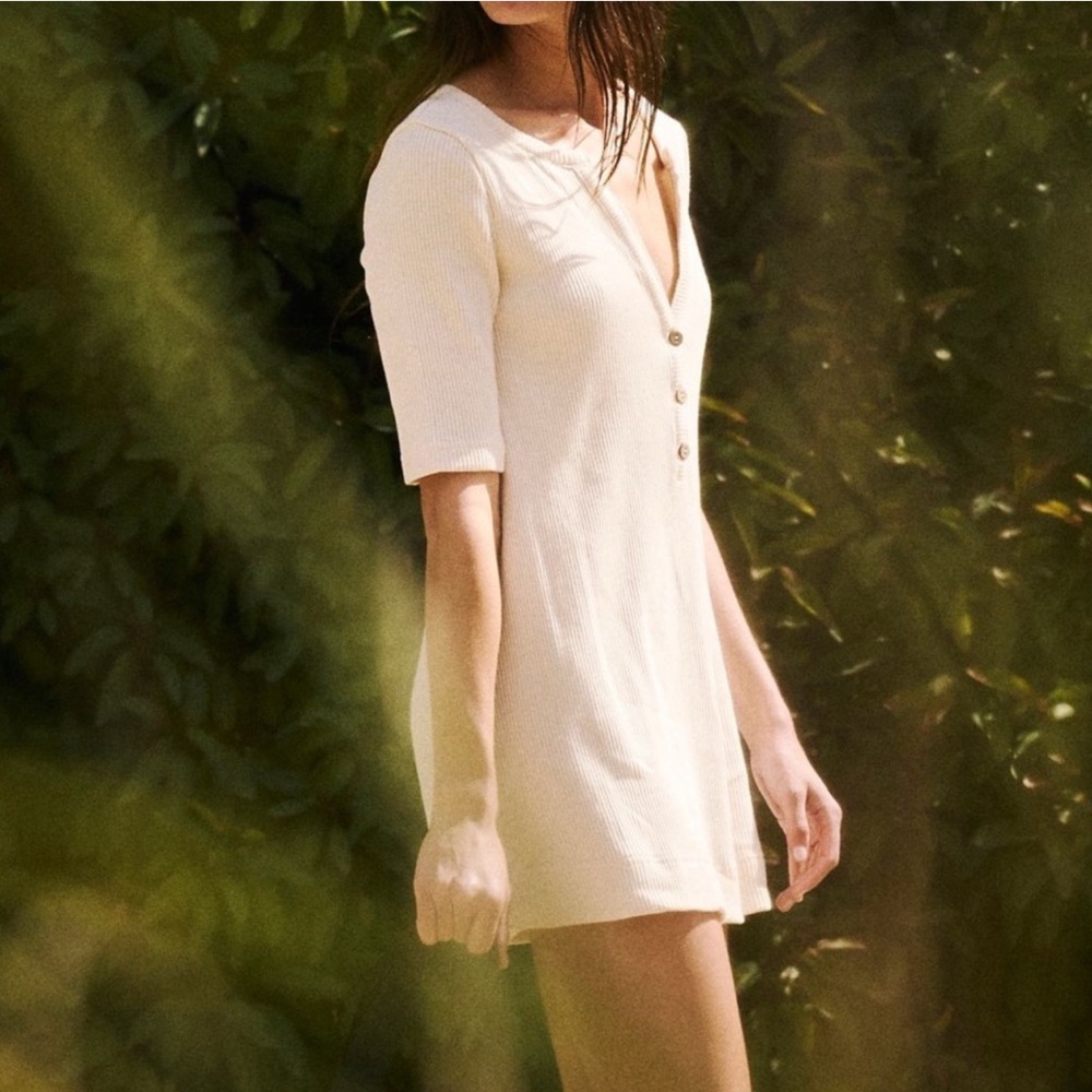 Free People FP Beach Jane Ribbed Mini Dress Beige Women's Size Medium